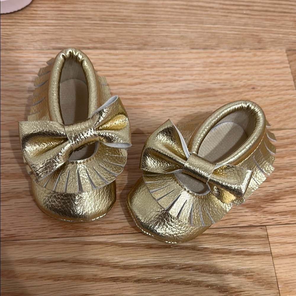 Gold Moccasins with Bow and Fringe